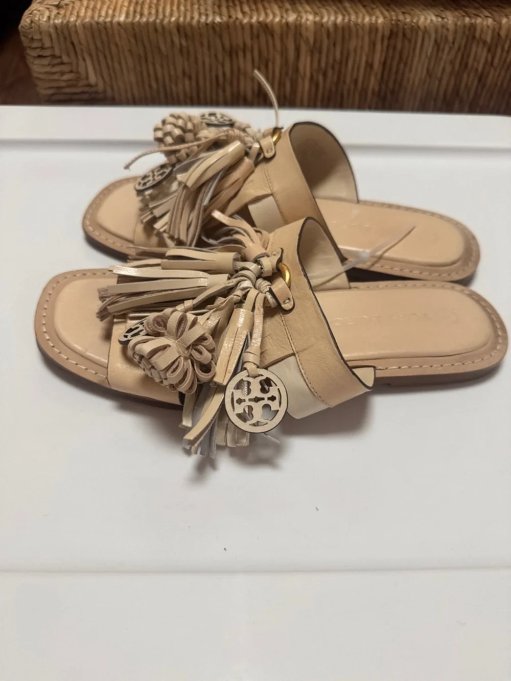 Tory Burch Miller Tassel Slide Sandals in New Cream size 8 1/2